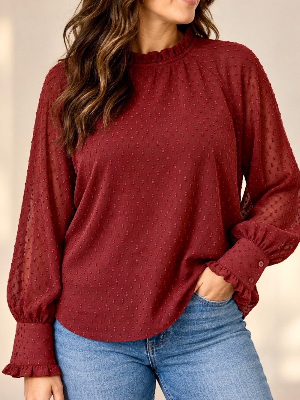 NWT Ann Taylor XL Burgundy Swiss Dot Ruffle Mock Neck Lined Blouse